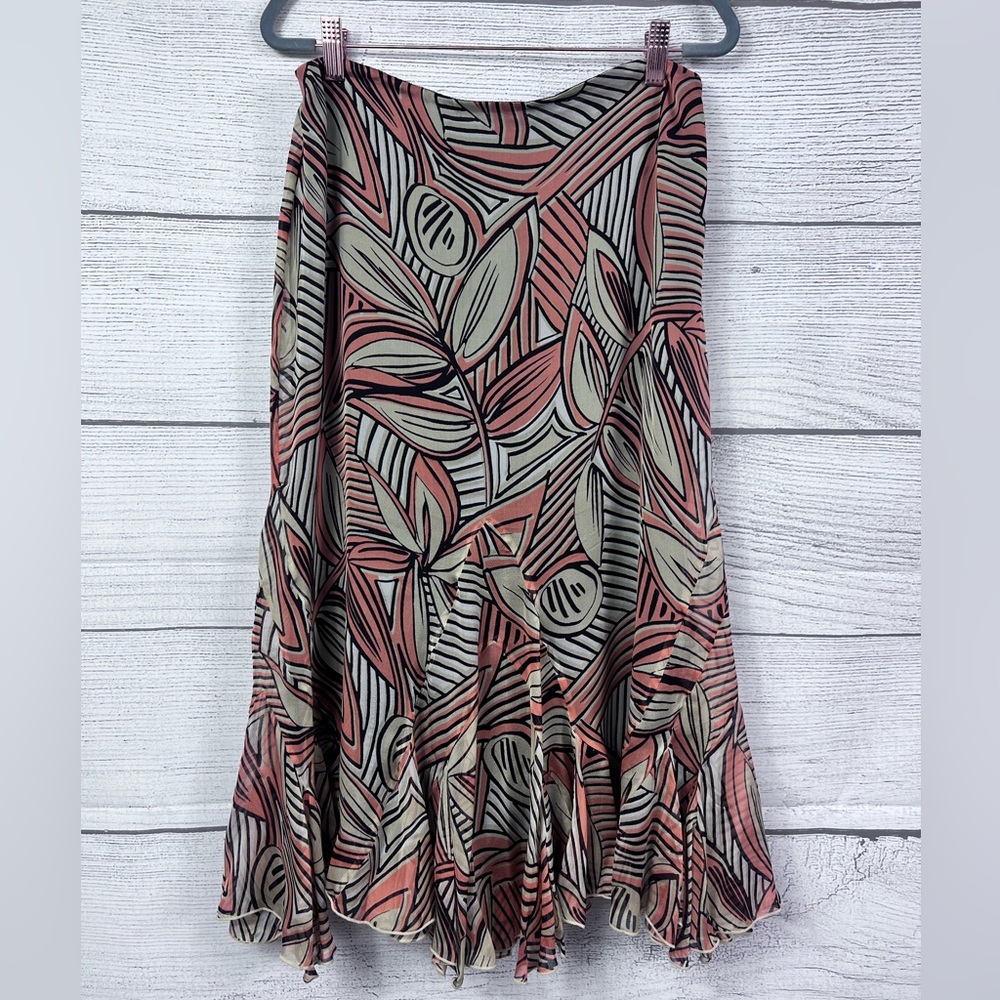 NWT Dana Buchman Abstract Leaf Midi Ruffle Hem Lined Silk Skirt Size 10 💗